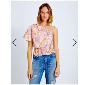 NWT 7 For All Mankind- ONE SHOULDER SILK RUFFLE BLOUSE IN BLUSH